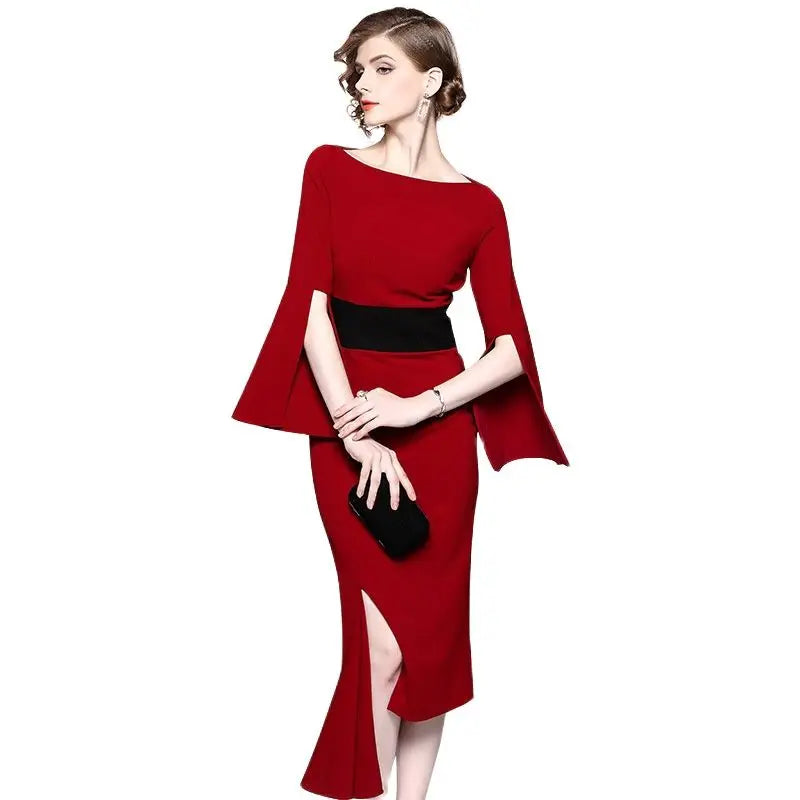 New irregular waist-tightening dresses red medium-length dress for solid slash neck flare sleevebanquet in 2026