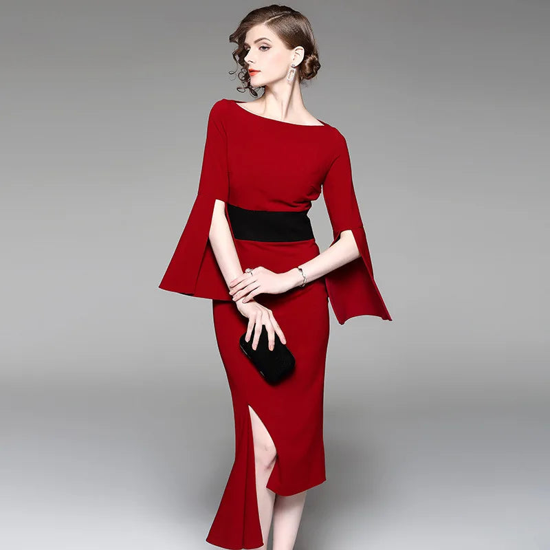 New irregular waist-tightening dresses red medium-length dress for solid slash neck flare sleevebanquet in 2026